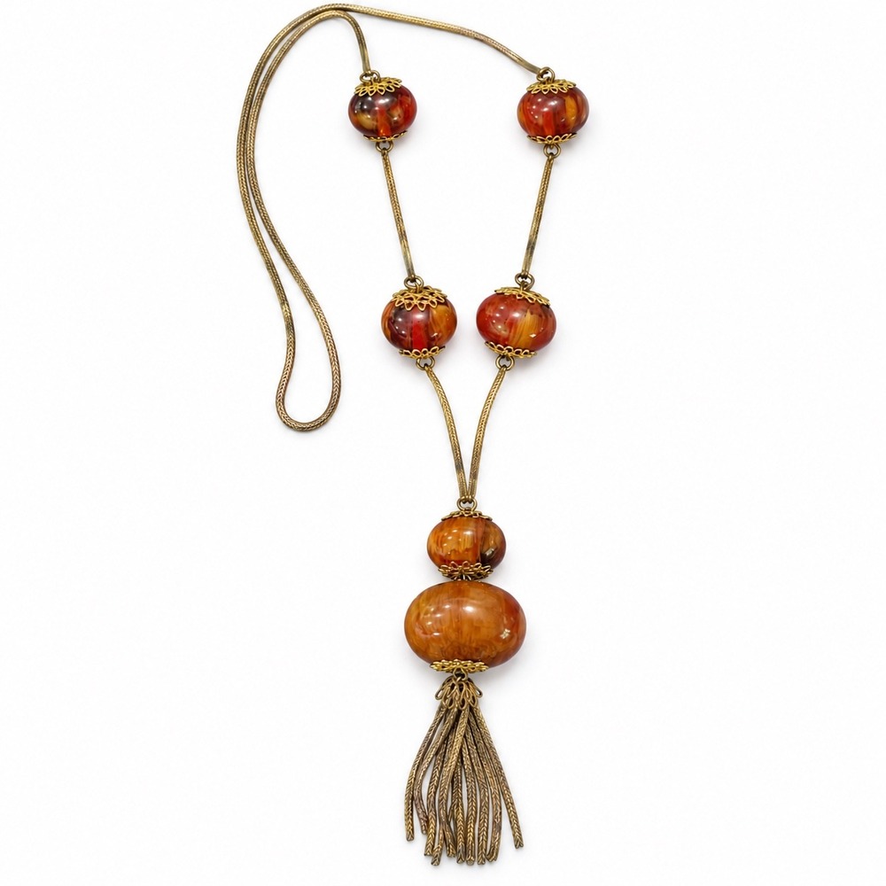 Vtg Apple Juice Bakelite Tassel Necklace 24" Red Butterscotch Filigree Beaded